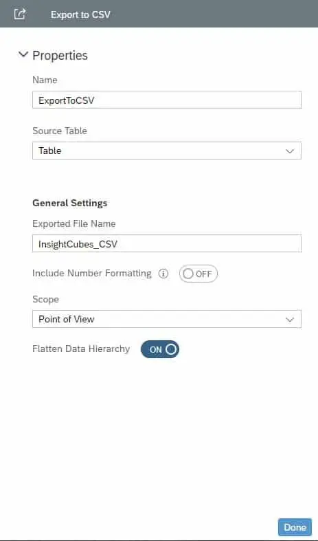 Export to CSV Properties SAP analytics Designer