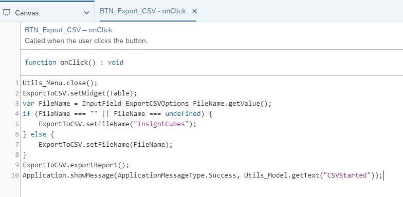 OnClick Java Script Export to CSV SAP Analytics Designer