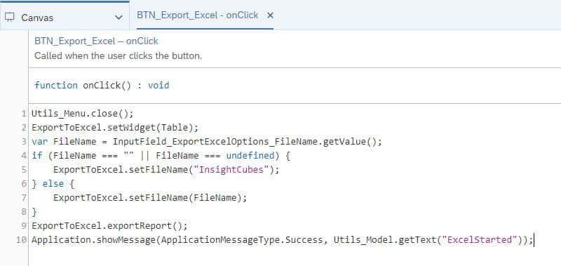 OnClick Java Script Export to Excel SAP Analytics Designer