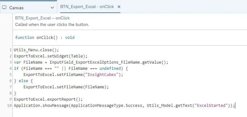 OnClick Java Script Export to Excel SAP Analytics Designer