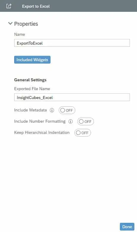 Export to Excel Properties SAP Analytics designer - SAP Analytics Cloud