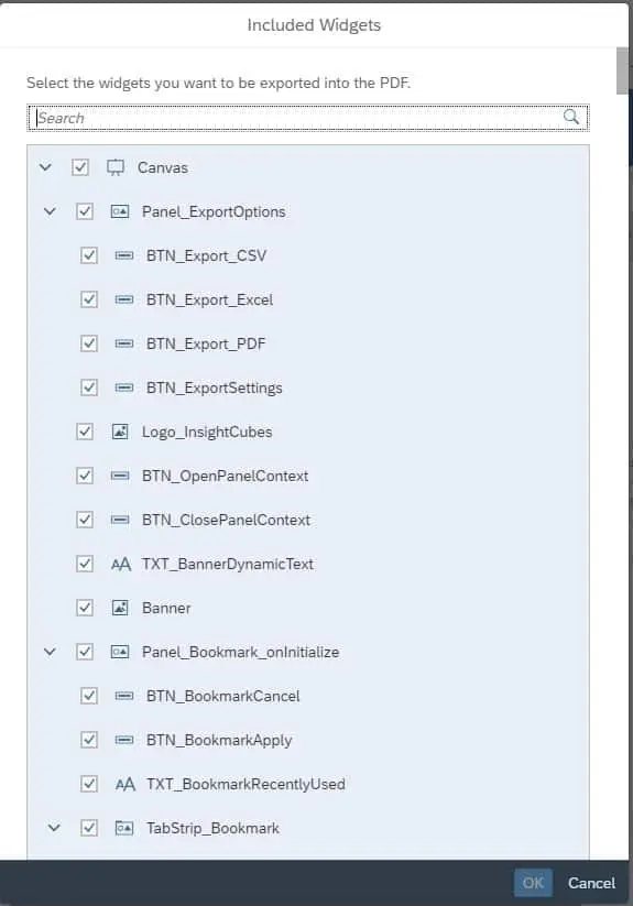 Export to PDF Included widgets SAP analytics Designer