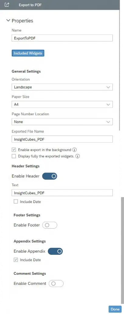 Export to PDF Properties SAP analytics Designer