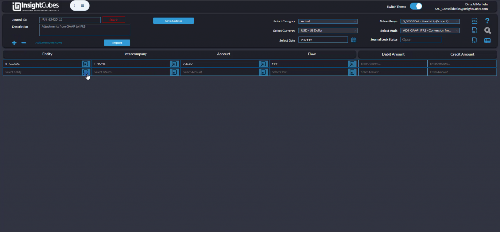 Opening the member selector to select the entity of the newly created journal using the Journal Entries Dashboard of the consolidation extension for SAP Analytics Cloud