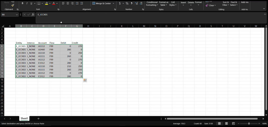 copying data from excel to paste in the journals entries interface of the consolidation extension for SAP analytics Cloud