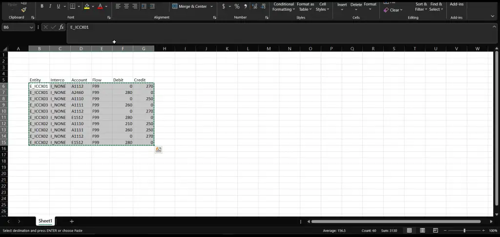 Copy data from excel to paste in journals dashboard using mass data entry