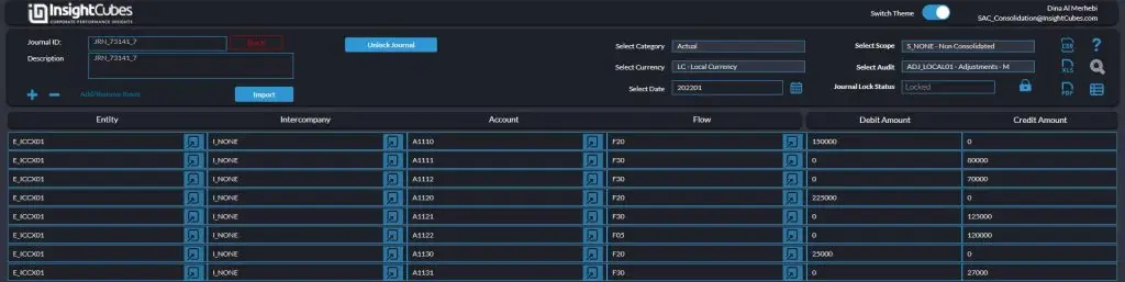 Journal Dashboard in dark theme mode