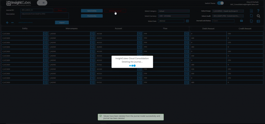 Deleting a journal  using the Journal Entries Dashboard of the consolidation extension for SAP Analytics Cloud