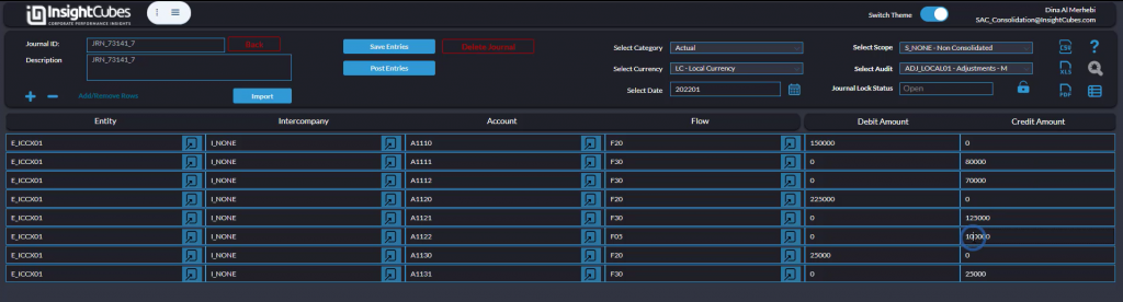 Editing Journal entries debit and credit amounts using the Journal Entries Dashboard of the consolidation extension for SAP Analytics Cloud