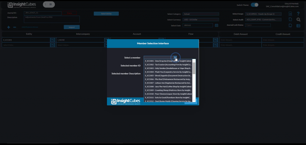 Member selector popup to select entity member for the new journal entry using the Journal Entries interface of the consolidation extension for SAP Analytics Cloud