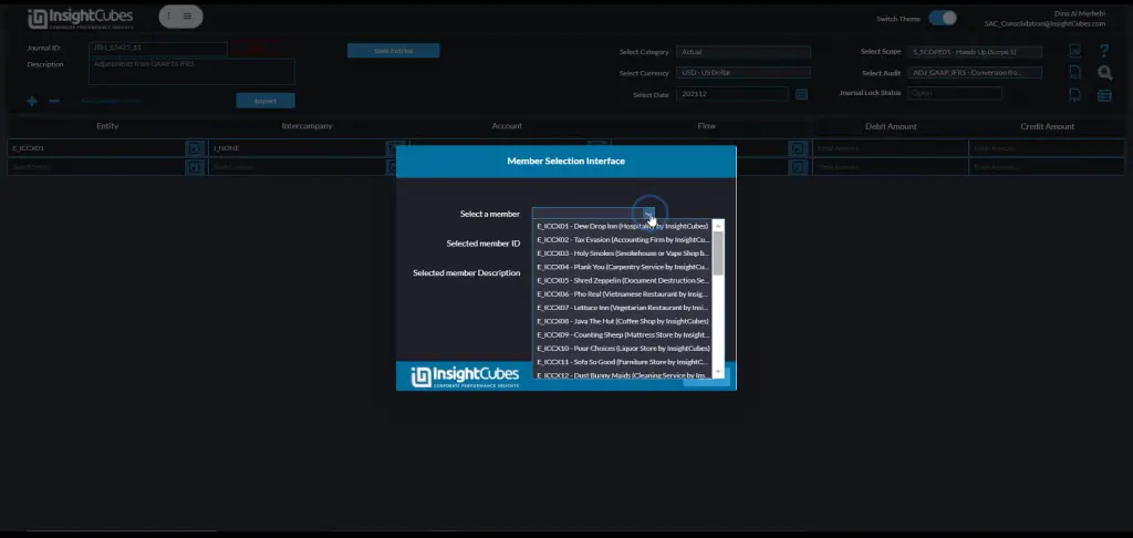 Journals with SAP analytics cloud, member selector popup