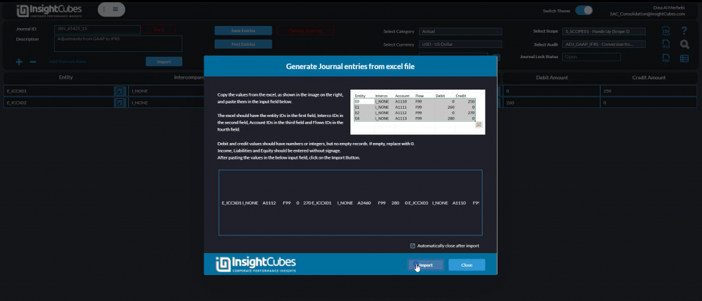 Pasting data from excel into the journal entries dashboards popup in the Journal Entries Dashboard of the consolidation extension for SAP Analytics Cloud