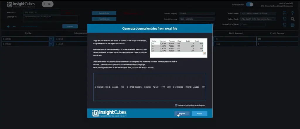 journals dashboard on SAP Analytics cloud, pasting journal entries copied from excel