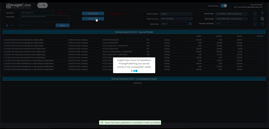 Posting entries to the newly created journal using the Journal Entries interface of the consolidation extension for SAP Analytics Cloud