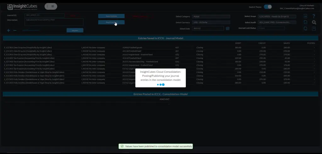 Posting new entries to the journals dashboard