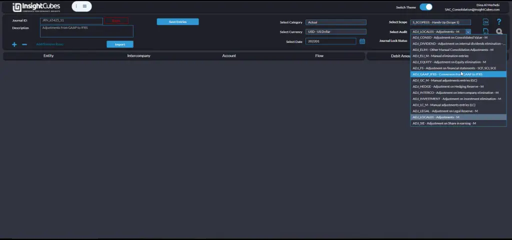 Journals dashboard with SAP analytics Cloud, creating a new journal