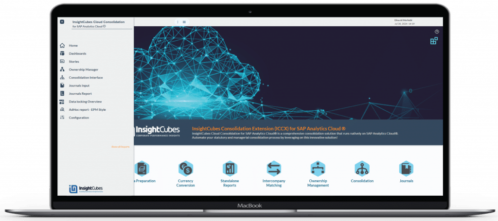 Cloud Consolidation Extension for SAP Analytics Cloud – Landing Page and navigational menu for all the solutions dashboards stories and data action triggers