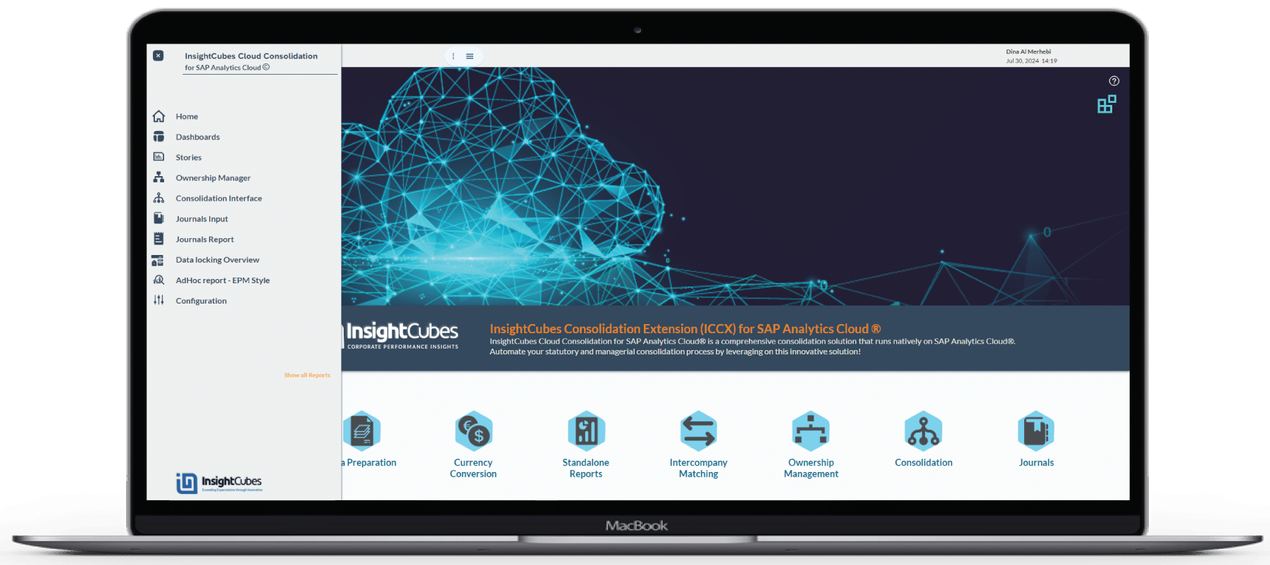 Cloud Consolidation Extension for SAP Analytics Cloud – Landing Page and navigational menu for all the solutions dashboards stories and data action triggers