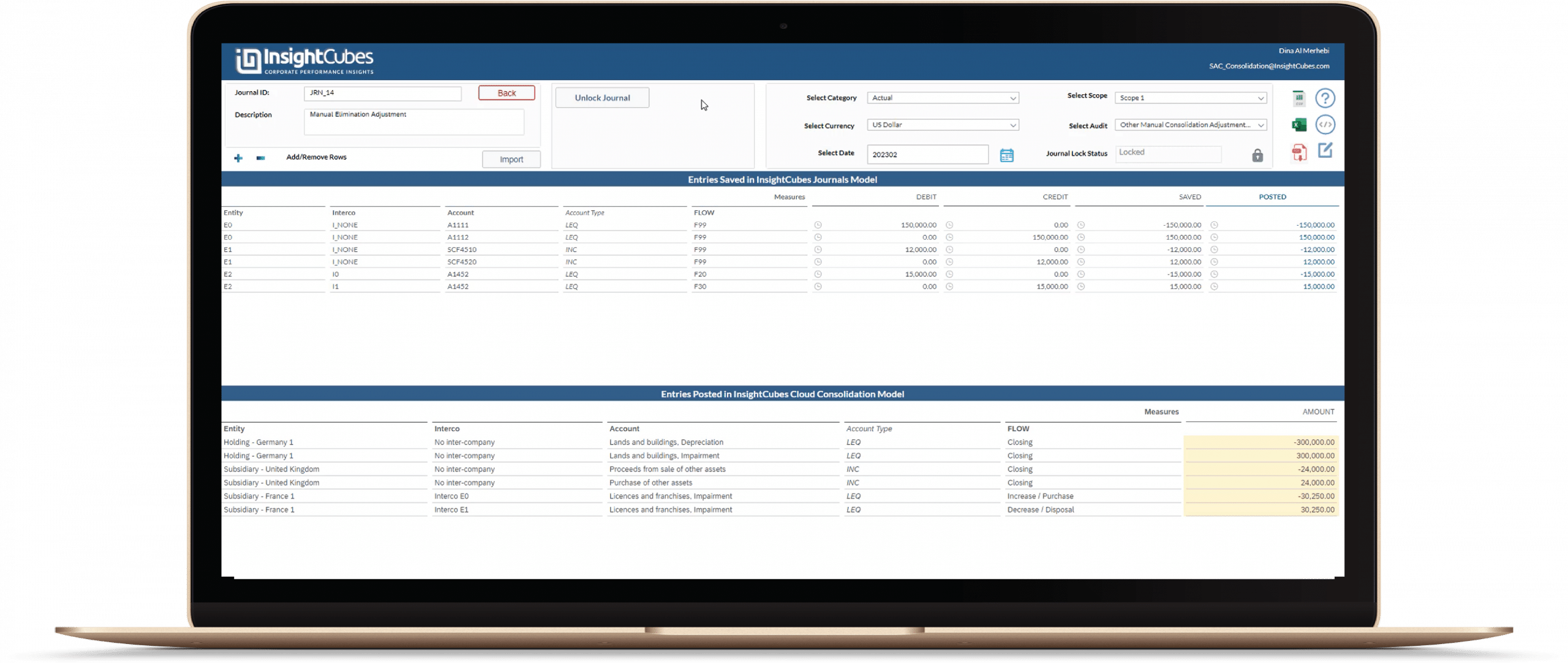 Insightcubes Cloud consolidation extension for SAP Analytics Cloud solution - Journals analytics application dashboard