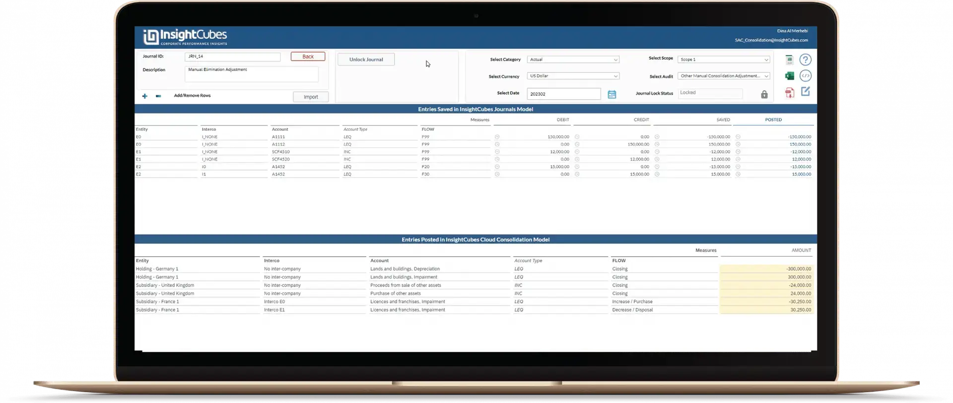 Insightcubes Cloud consolidation extension for SAP Analytics Cloud solution - Journals analytics application dashboard