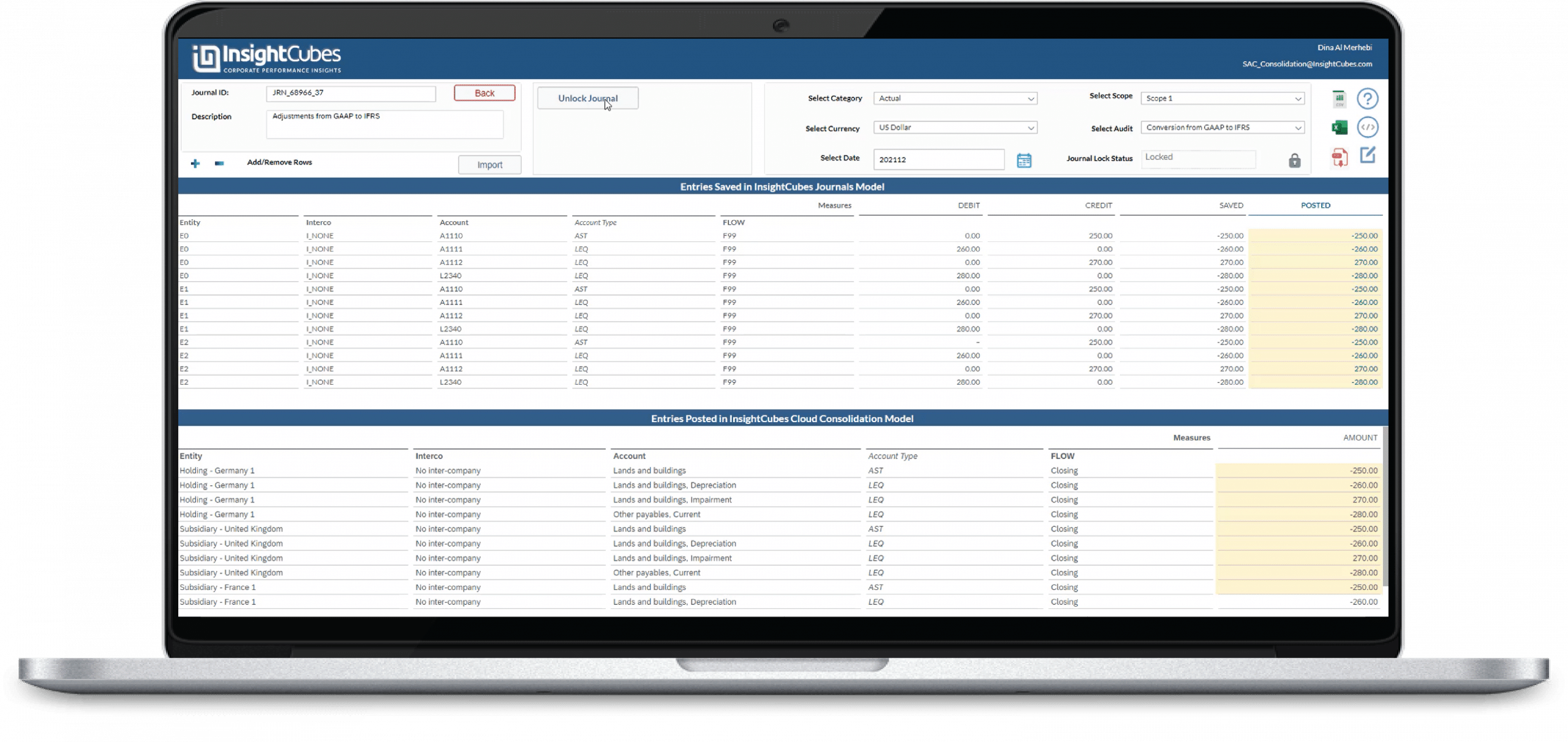 Journal Interface for entering adjustments